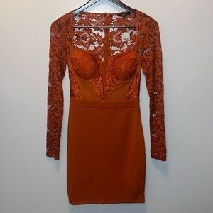 NWT Blashe Bodycon‎ Long Sleeve Lace Mini Dress- Rust Orange- Size Small